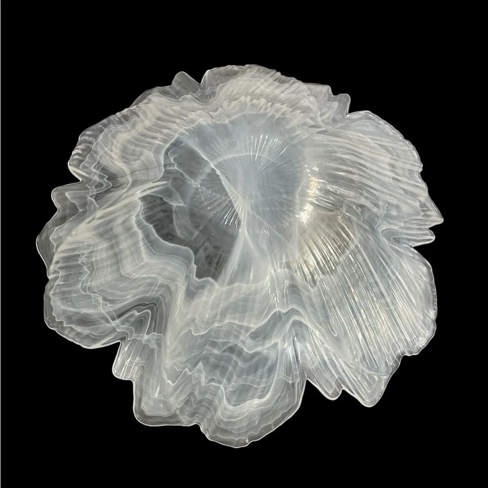 Large Clear Frosted Art Glass Flower Bowl 15” Floral Fluted Scalloped Centerpiec